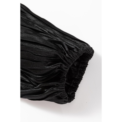Black Textured Bubble Sleeve V Neck Loose Blouse - L - Main Image