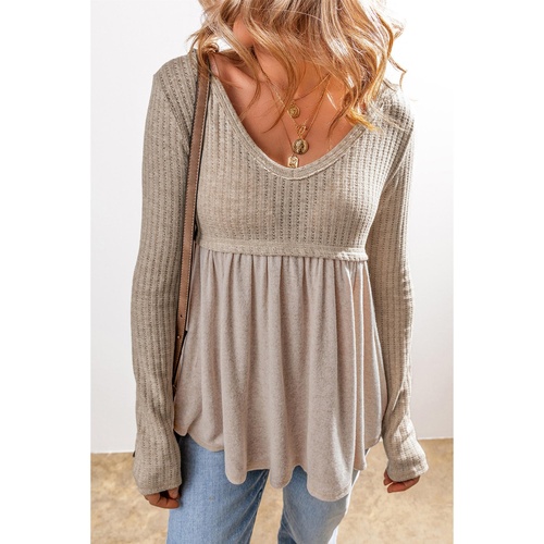 Smoke Gray Textured Long Sleeve V Neck Babydoll Top - S - Main Image