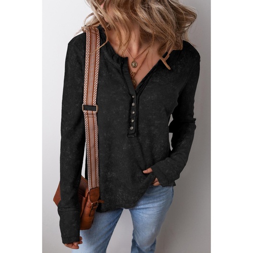 Black Acid Wash Waffle Knit Buttoned Neckline Long Sleeve Top - L - Main Image