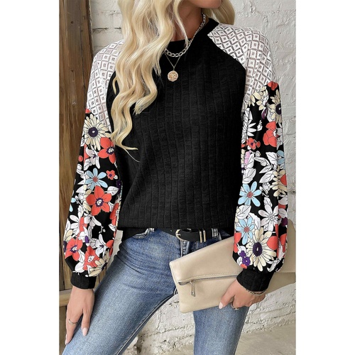 Black Floral Patchwork Long Sleeve Ribbed Blouse - 2XL - Main Image