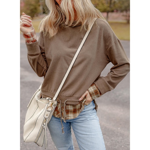 Breen Plaid Patchwork Knotted Hem High Neck Blouse - M - Main Image