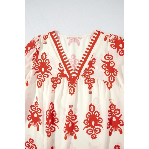 Orange Vintage Geometric Printed 3/4 Sleeve V Neck Blouse - M - Main Image