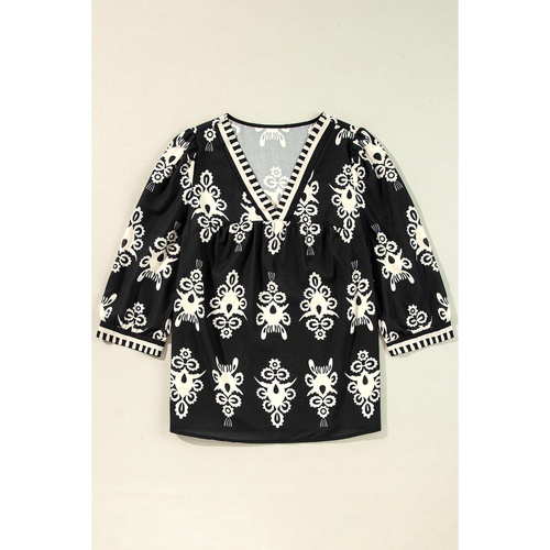 Black Vintage Geometric Printed 3/4 Sleeve V Neck Blouse - M - Main Image