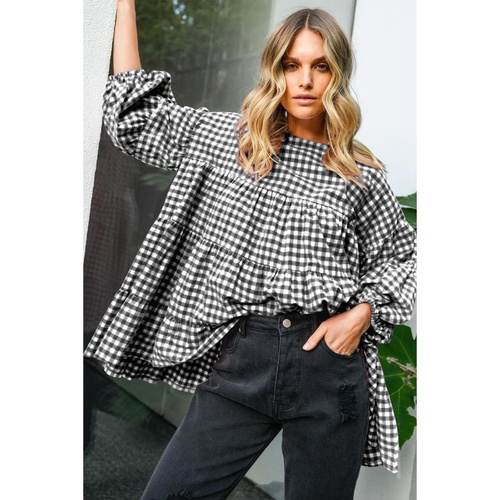 Black Checkered Puff Sleeve Tiered Loose Babydoll Blouse - S - Main Image