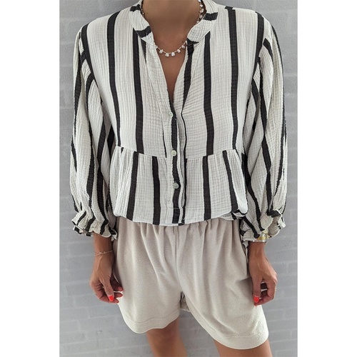 Black Stripe Crinckled Ruffled Sleeve Button up Loose Shirt - XL - Main Image