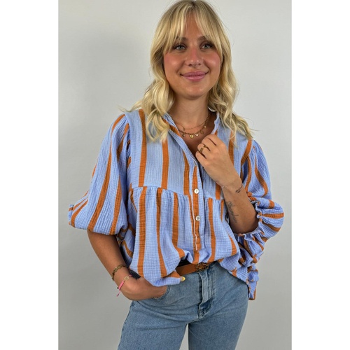Sky Blue Stripe Crinckled Ruffled Sleeve Button up Loose Shirt - L - Main Image