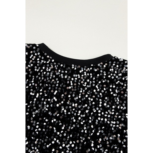 Black Sequined Long Sleeve Crew Neck Cropped Blouse - L - Main Image