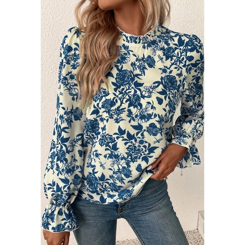 Sky Blue Floral Print Flounce Sleeve Keyhole Back Blouse - S - Main Image