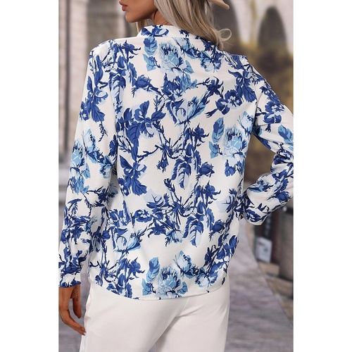 Sky Blue Floral Print Notched Neck Elegant Blouse - L - Main Image