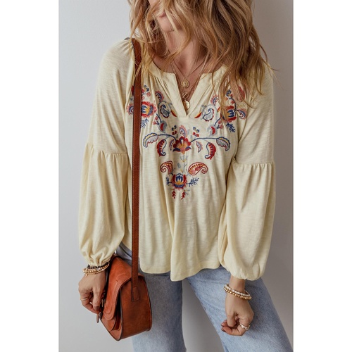 Apricot Paisley Floral Embroidered Notch V Neck Blouse - L - Main Image