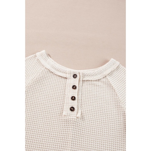 Oatmeal Waffle Knit Buttoned Front Raglan Sleeve Loose Blouse - L - Main Image