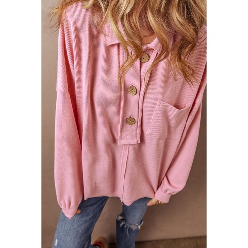 Pink Ribbed Knit Collared Henley Top with Chest Pocket - S - Main Image