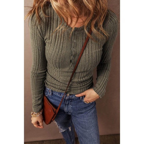 Jungle Green Ribbed Knit Half Button Slim Fit Blouse - L - Main Image