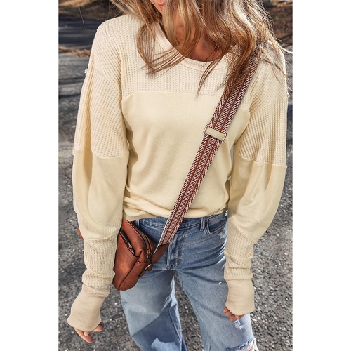 Beige Thermal Knit Patchwork Exposed Seam Long Sleeve Top - L - Main Image
