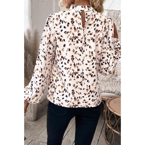 White Leopard Print Lantern Sleeve Mock Neck Pleated Blouse - L - Main Image