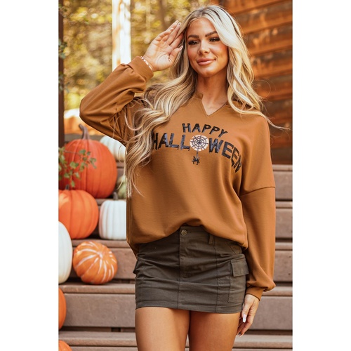Chestnut Sequin Happy Halloween Graphic Notched Neck Long Sleeve Loose Top - 2XL - Main Image