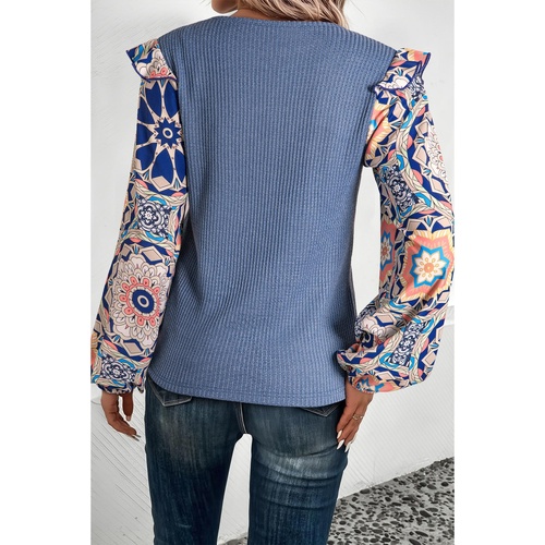 Ashleigh Blue Ruffled Floral Sleeve Patchwork Waffle Knit O Neck Blouse - L - Main Image
