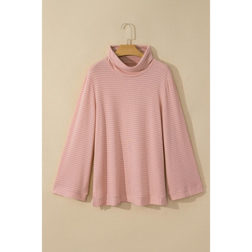 Pink Stripe Cowl Neck Side Slits Loose Fit Long Sleeve Top - L - Main Image
