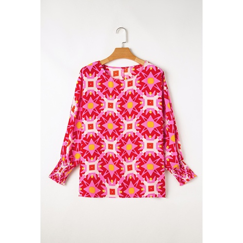Strawberry Pink Geometric Print Shirred Cuff 3/4 Sleeve Loose Blouse - L - Main Image