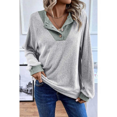 Light Grey Color Contrast Ribbed Loose Fit Long Sleeve Top - 2XL - Main Image