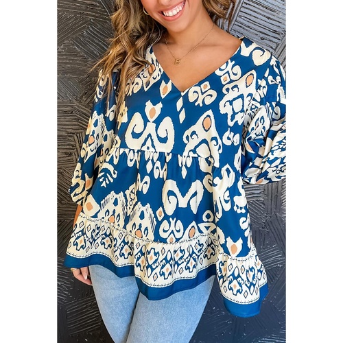 Blue Tribal Geometric Print 3/4 Sleeve Flowy Fit Blouse - L - Main Image