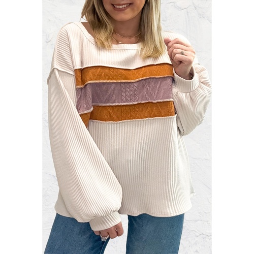 White Corded Exposed Seam Knit Patchwork Drop Sleeve Top - M - Main Image