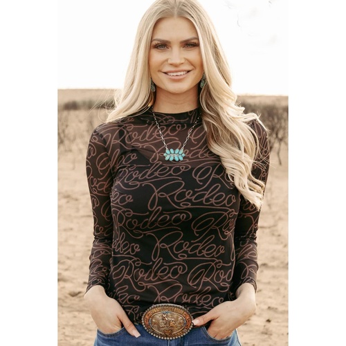 Black Western Rodeo Printed Mock Neck Long Sleeve Mesh Top - L - Main Image