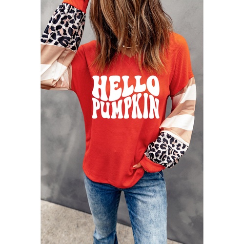 Red Hello Pumpkin Graphic Leopard Striped Colorblock Sleeve V Neck Top - L - Main Image