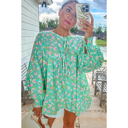 Green Abstract Printed Lace-up Lantern Sleeve Babydoll Blouse - L - Main Image