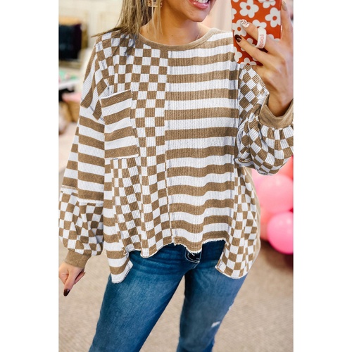 Khaki Checkerboard Striped Patchwork Lantern Sleeve Pocketed Blouse - L - Main Image