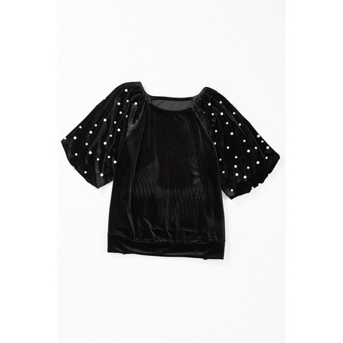 Black Pearl Beaded Half Sleeve Velvet Top - M - Main Image
