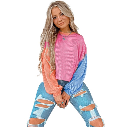 Rose Red Corded Colorblock Patchwork Drop Shoulder Long Sleeve Top - L - Main Image