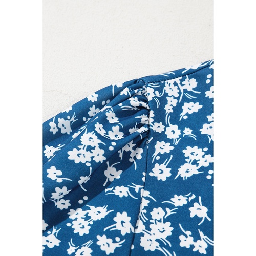 Blue Ditsy Floral Print Lantern Sleeve Blouse - S - Main Image