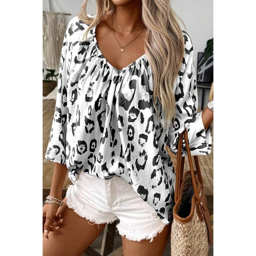 Black Leopard Print Ruched V Neck 3/4 Sleeve Blouse - L - Main Image