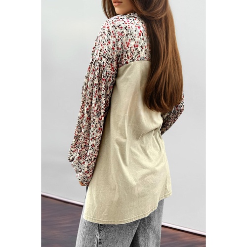 Meadow Mist Green Contrast Printed Bubble Sleeve Henley Loose Top with Slits - L - Main Image