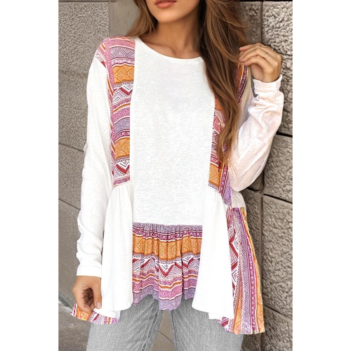 White Western Aztec Print Patchwork Ruffled Tunic Long Sleeve Babydoll Top - L - Main Image