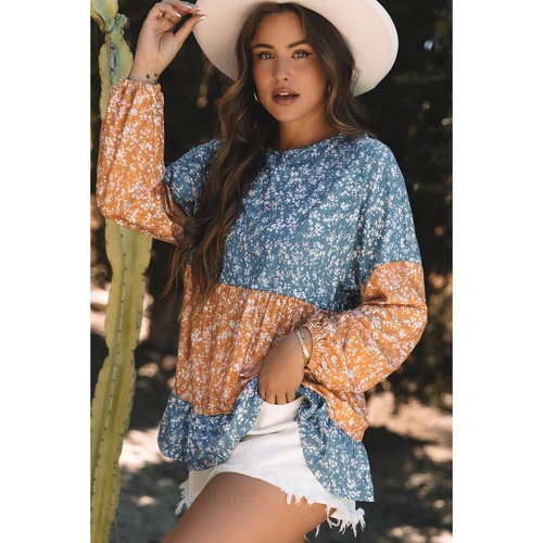 Orange Floral Color Block Patchwork Ruffled Hem Round Neck Blouse - L - Main Image