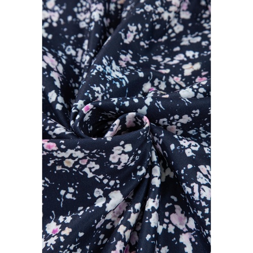 Blue Floral Color Block Patchwork Ruffled Hem Round Neck Blouse - 2XL - Main Image