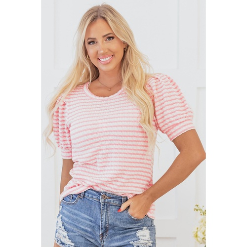 Pink Stripe Textured Puff Sleeve Crewneck Top - L - Main Image