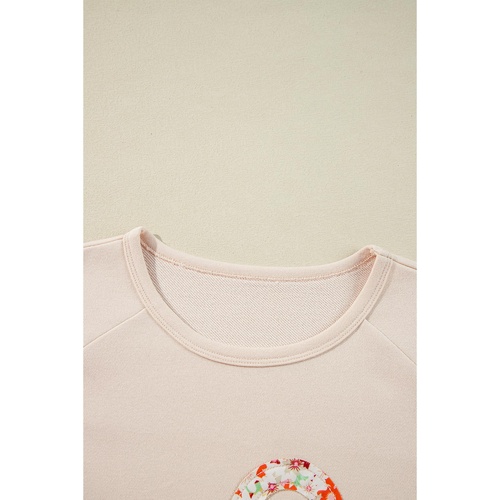 Beige Flower Patch Graphic Exposed Seam Wide Sleeve Top - S - Main Image