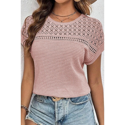 Light Pink Lace Patchwork Waffle Short Sleeve Top - 2XL - Main Image
