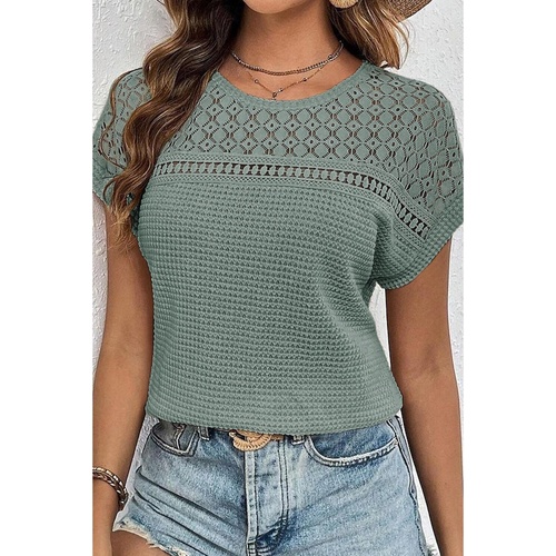 Mist Green Lace Patchwork Waffle Short Sleeve Top - 2XL - Main Image