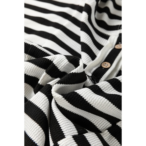 Black white Oversized Striped Henley Buttons Dolman Sleeve Hooded Top - L - Main Image