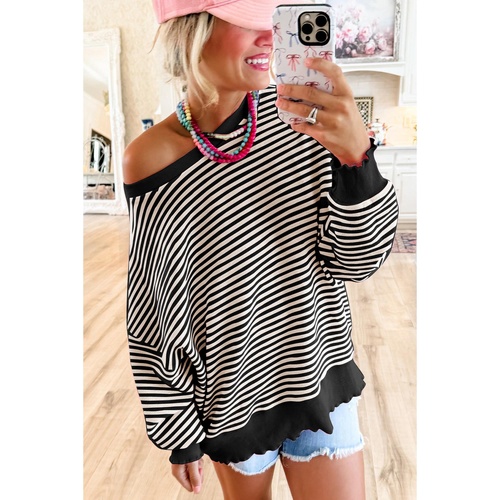 Black Stripe Loose Drop Shoulder Long Sleeve Top - 2XL - Main Image