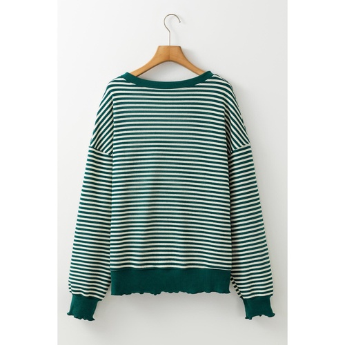 Green Stripe Loose Drop Shoulder Long Sleeve Top - 2XL - Main Image