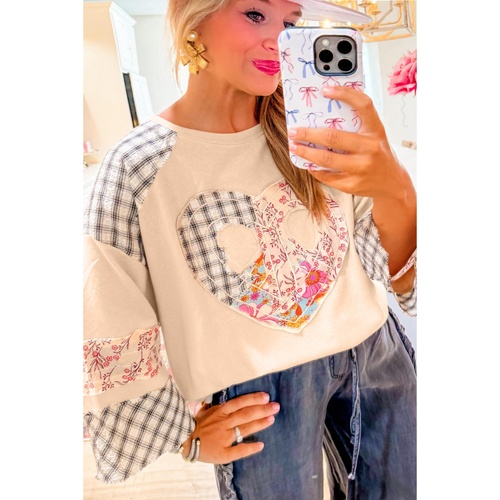 Beige Plaid Floral Peace Heart Graphic Wide Long Sleeve Top - XL - Main Image