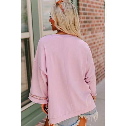 Light Pink Floral Peace Sign Graphic Drop Shoulder Wide Sleeve Casual Top - L - Main Image