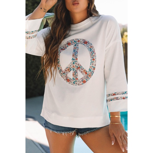 Jet Stream Floral Peace Sign Graphic Drop Shoulder Wide Sleeve Casual Top - L - Main Image