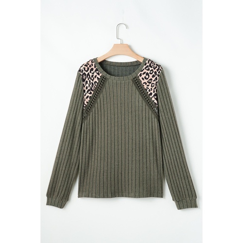 Moss Green Leopard Print Crochet Patchwork Rib Textured Knit Top - L - Main Image