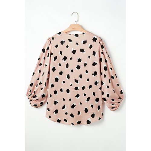 Khaki Classic Leopard V Neck Bracelet Sleeve Blouse - L - Main Image
